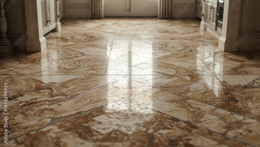 Fototapeta premium Elegant marble floor tiles used as a decorative surface, showcasing intricate veining