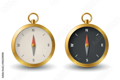 Vector 3d Realistic Compass Icon Set. Minimalistic Compass Illustration with Black and White Dial. Navigation Compass Clipart. Travel and Adventure Design Template