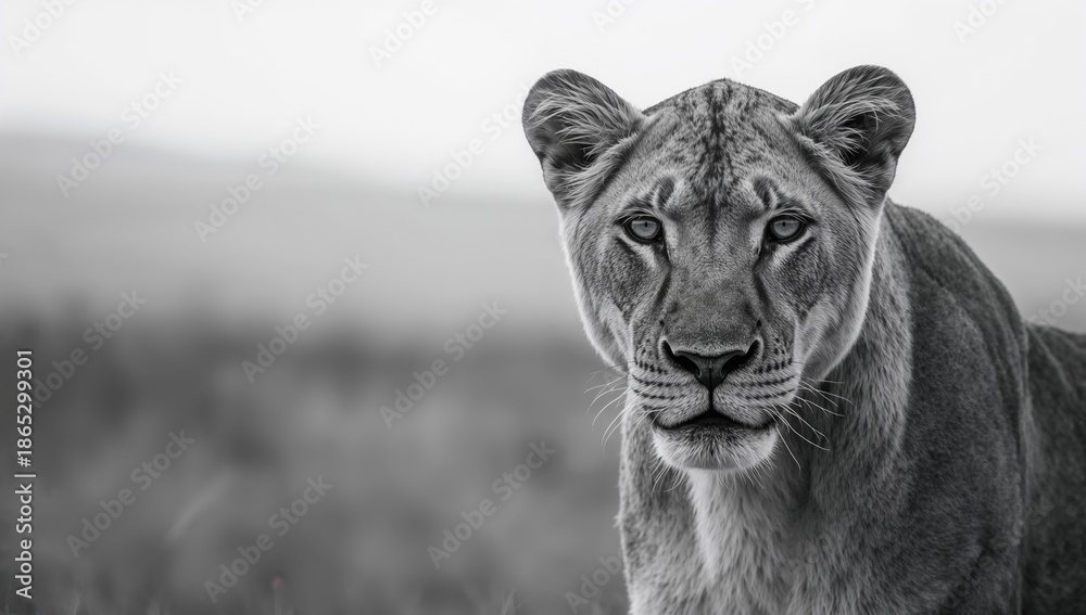 Obraz premium Close-up of a lioness's eye in monochrome in the Masai Mara, highlighting animal monitoring activities