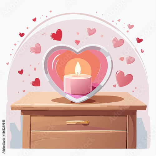 A heart-shaped candle glows on a bedside table, creating a romantic atmosphere for Valentine�s Day night.