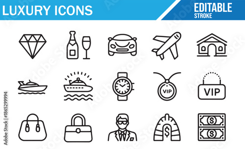 Set of linear luxury and wealth icons, including diamonds, cars, yachts, watches, VIP items, and rich people, editable stroke vector illustration.