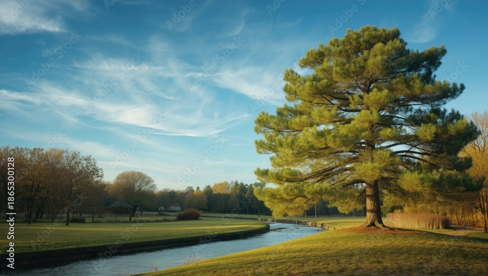 Fototapeta premium Tree-lined riverbank with flowing water emphasizing erosion risk, Earth Day