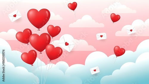 Valentine Day Background,Red heart balloons and flying love letters with hearts, against a pink and blue sky with clouds, for love.