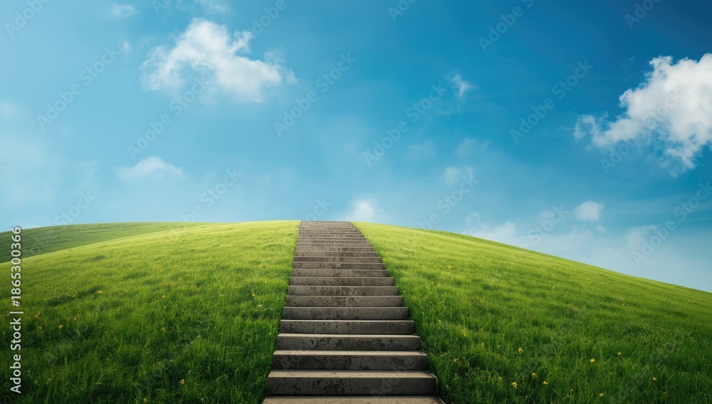 Naklejka premium Steps on a hillside reaching toward the sky, highlighting progress and journey, World Environment Day