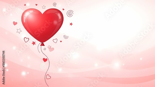 valentine day Vibrant red heart balloon with decorative swirls and stars floats on a soft pink gradient background.