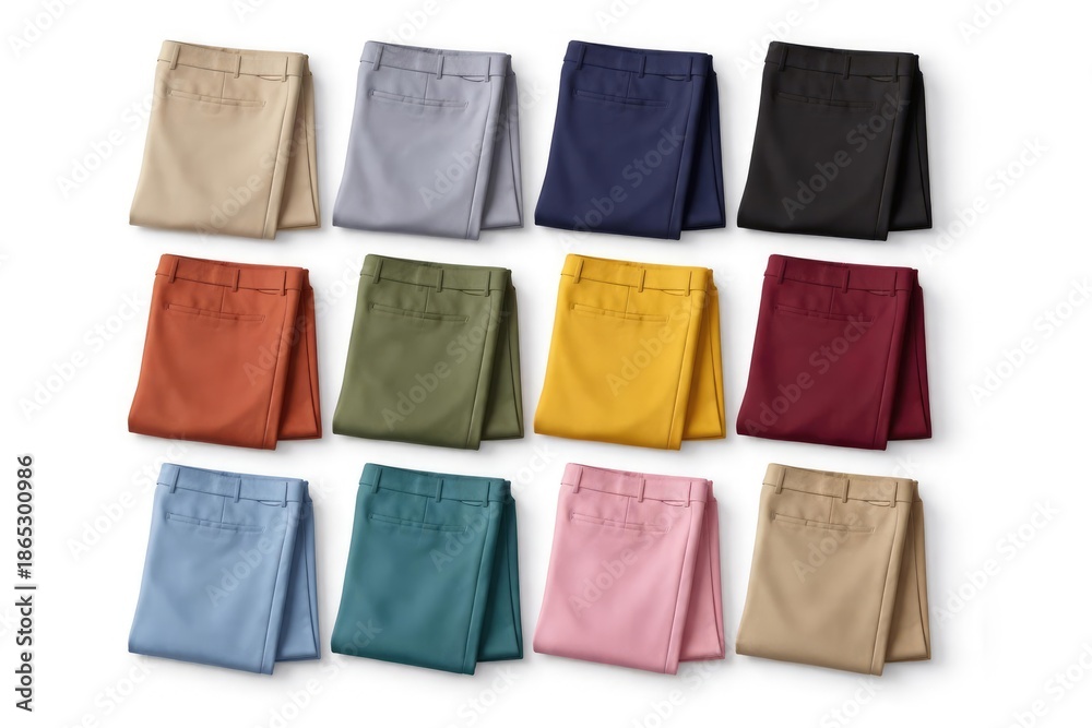 Fototapeta premium Colorful collection of folded mens slacks displayed orderly on pristine white background