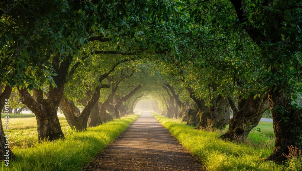 Obraz premium Morning sunlight filtering through a tree canopy tunnel, emphasizing seasonal change