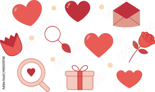 Collection of hearts and love icons in flat style