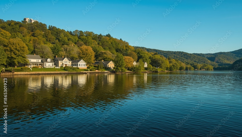 Fototapeta premium Uptown New York homes situated beside the Hudson River, lakeside neighborhood scene