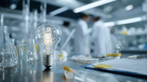 Close-up of an illuminated incandescent light bulb with a visible spiral filament on a stainless steel lab table. Scientists in white coats work in a blurred, modern laboratory background.