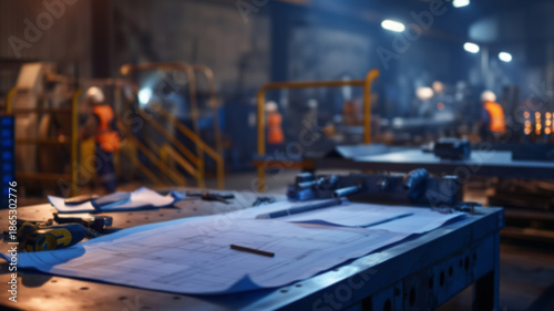 Wallpaper Mural A close-up of architectural blueprints and tools on a metal worktable. In the blurred background, factory workers in safety vests operate in a large-scale manufacturing plant. Torontodigital.ca