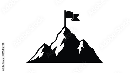 A simple black silhouette of a mountain peak with a waving flag on top