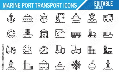 Editable Stroke Marine Transport Icons Set - Vector Graphics