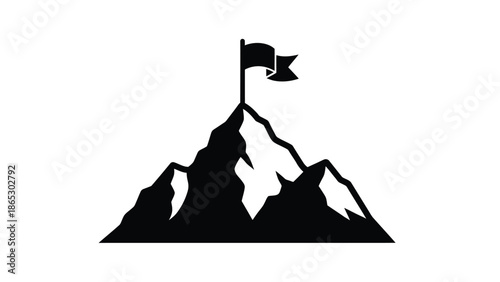 A black silhouette of a mountain peak with a waving flag on top