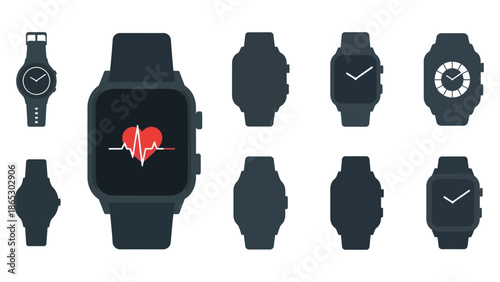 Collection of modern smartwatches in various styles and designs displayed flatly