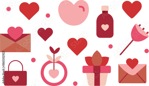 Collection of hearts and gifts in flat style