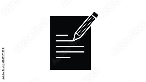 Black and white icon depicting a pencil over a document with lines