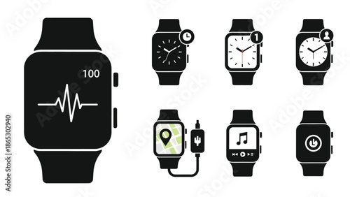 Variety of smartwatches and their functions displayed in a monochrome icon set
