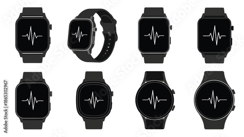 Arrangement of black smartwatches displaying an electrocardiogram heart rate screen