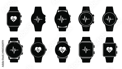 A collection of smartwatches displaying electrocardiogram and heart rate icons
