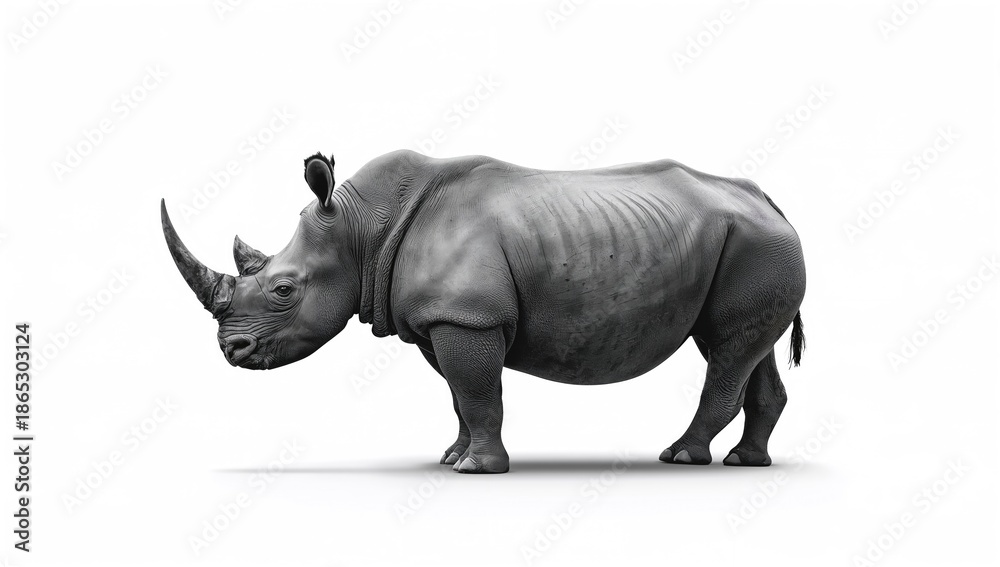 Fototapeta premium Black rhinoceros in a natural pose on a white backdrop, highlighting species preservation efforts