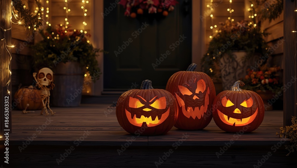 Obraz premium Halloween porch scene with three carved pumpkins depicting characters from Nightmare Before Christmas and Monster High skeleton, festive display