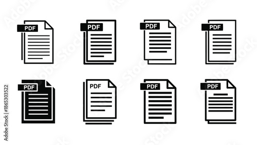 Collection of black and white pdf document icons displayed in various orientations