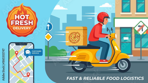 A vibrant illustration of a food delivery rider on a scooter with a pizza box, symbolizing fast and reliable food logistics in a city.