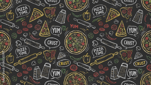 A colorful vector graphic illustration of a pizza-themed pattern with various icons and text on a black background