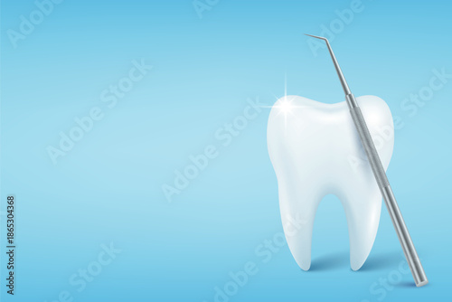 Vector 3d Realistic Tooth. Healthy White Tooth with Dental Probe on Blue Background. Dental Explorer Tool. Oral Care Tooth Concept. Dentist Equipment and Tooth Examination