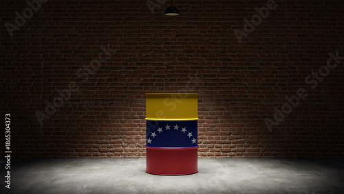 Oil barrel with the flag of Venezuela in front of a brick background