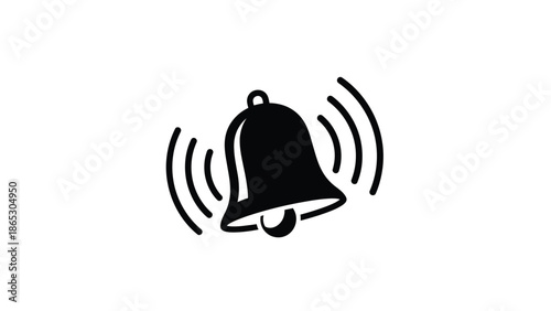 A simple black silhouette of a ringing bell with sound waves depicted