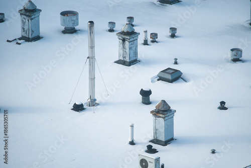view of the roof of the building in winter, evenly covered with snow