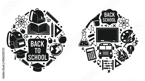 Back to school supplies arranged in circular designs showcasing learning elements