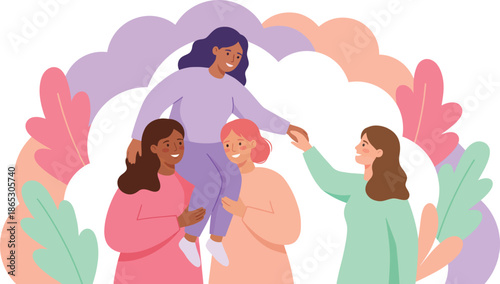 Diverse women lifting up female friend on shoulders showing solidarity and sisterhood with helping hand for female empowerment community support and mental health care togetherness.