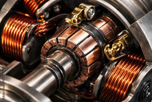 Macro shot of an electric motor with visible commutator and coil wiring