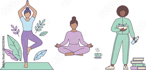Diverse women practicing yoga meditation and eating healthy food for wellness lifestyle balance with books and tea showing physical and mental self care habits for daily fitness routine.