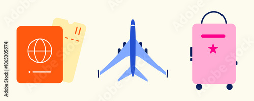 Flat Vector Icons of Travel Essentials with Passport, Airplane, and Suitcase for Web and App Design