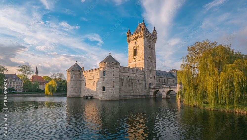Obraz premium Ancient fortress with battlements and turrets, highlighting architectural durability, Ghent cultural site