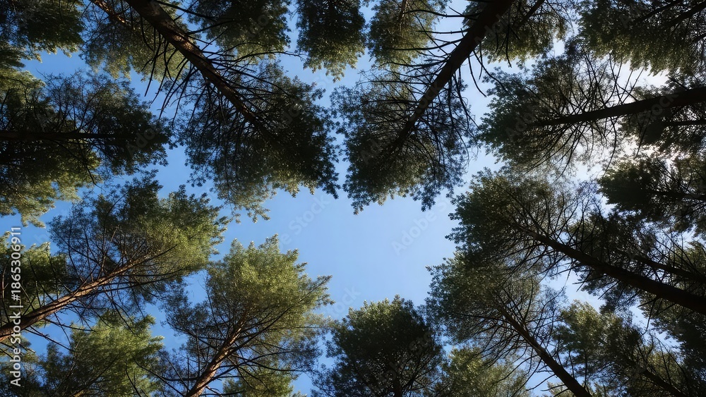Fototapeta premium Looking Up Through Tall Pine Trees.