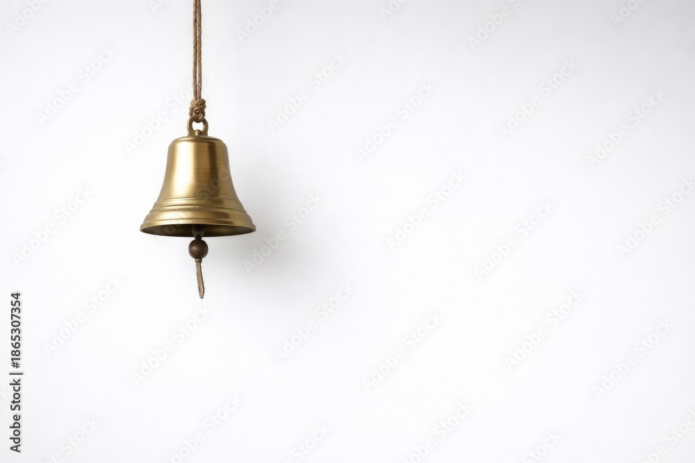 Obraz premium Bell hanging from ceiling with clear white wall backdrop and generous copy space