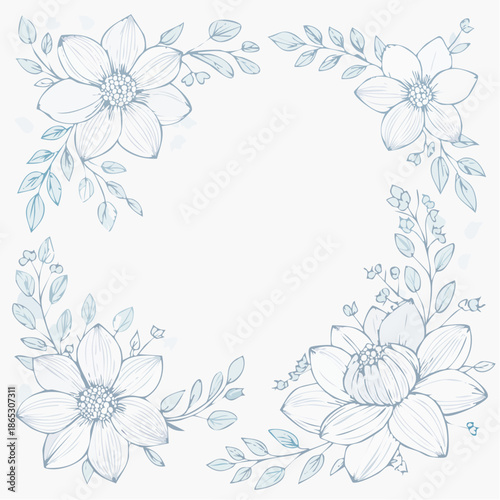 A delicate floral wreath illustration featuring flowers and leaves in a circular arrangement