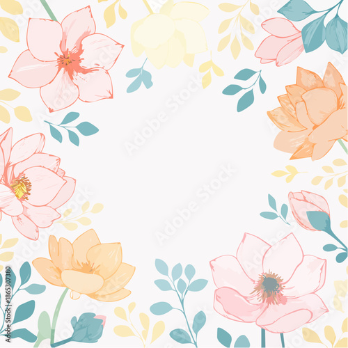 A serene floral wreath illustration featuring soft pastel flowers and leaves on a white background from a direct viewpoint