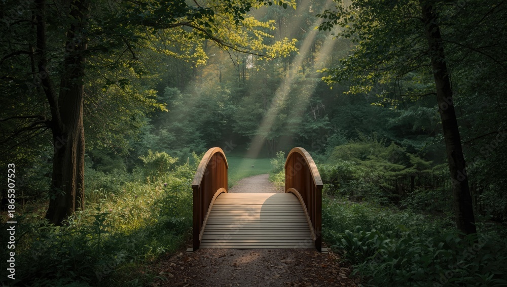 Fototapeta premium Scenic forest with wooden bridge designed for leisurely walks and outdoor recreation, highlighting accessible trail features