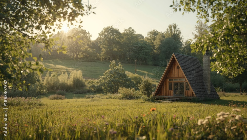 Obraz premium A cozy AFrame cabin surrounded by vibrant foliage, ideal for leisure escapes