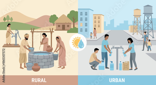 Rural versus urban water collection lifestyle comparison showing village people at well and city residents at public tap representing development infrastructure and daily community chore.
