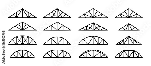 Collection of black truss structures including triangular and arched architecture engineering