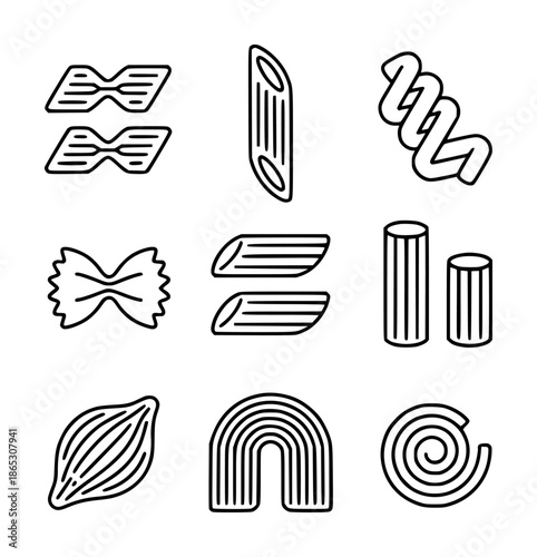 Collection of black pasta shapes a white background food italian