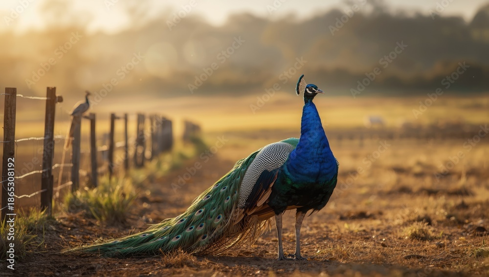 Fototapeta premium Peacock showcasing vibrant blue feathers in courtship display on a farm, highlighting animal behavior