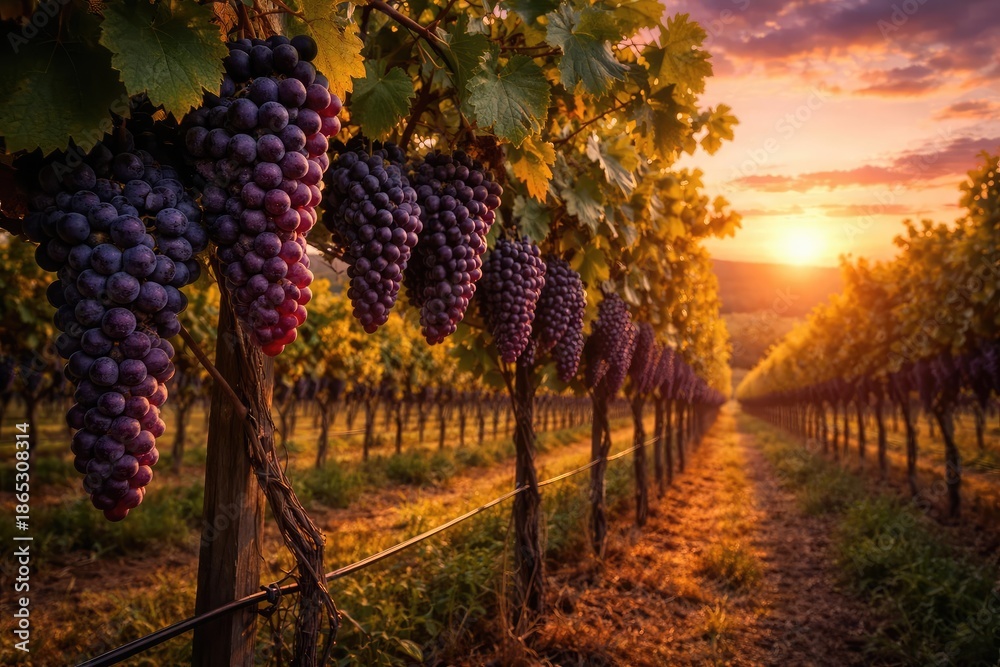 Naklejka premium Mature wine grapes thriving on trellised vines under a warm sunset sky